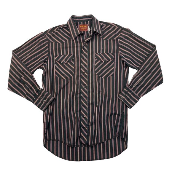 Vintage Rustler Western Shirt Men 15.5 Black/Plum Stripe X-Long Tail Snap Button - Picture 1 of 11
